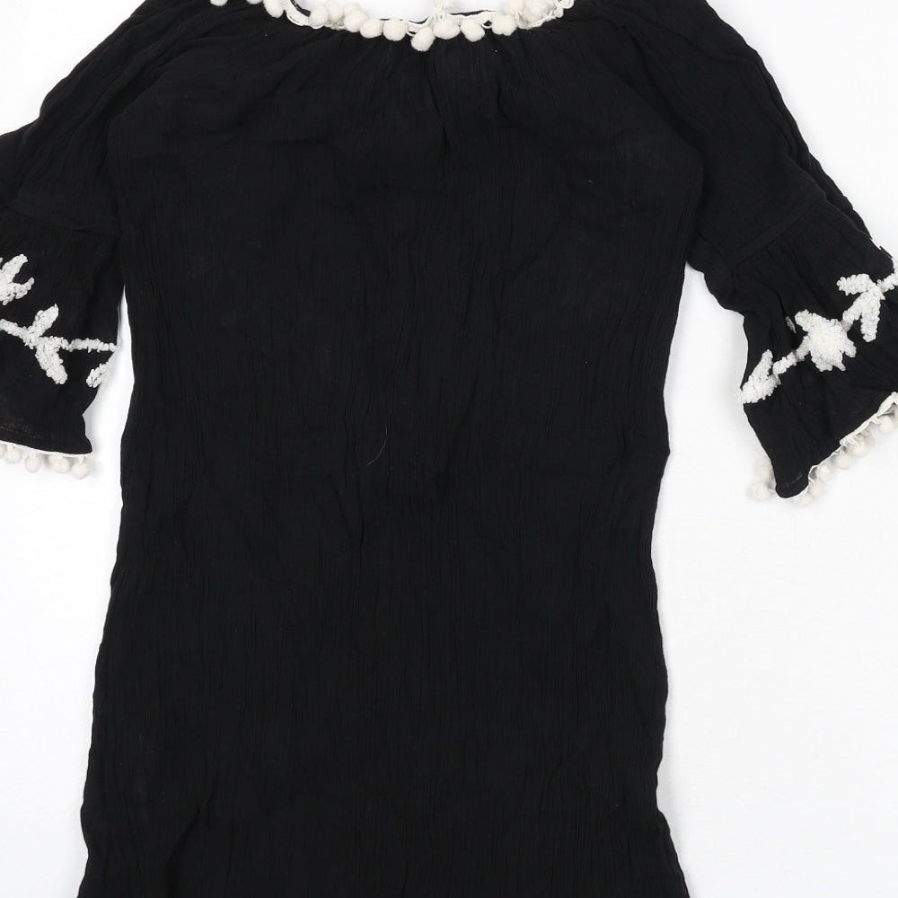 Boohoo Womens Black Cotton Cover Up Size 8 - Embroidered Detail, Pom Poms, Tassles
