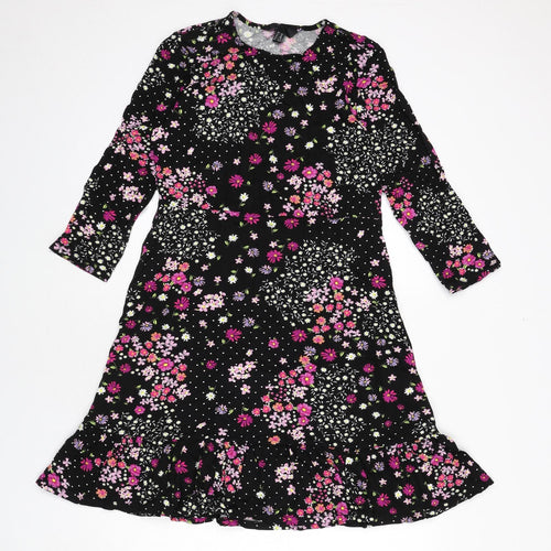 Friends Like These Womens Black Floral Viscose A-Line Size 12 Round Neck Pullover