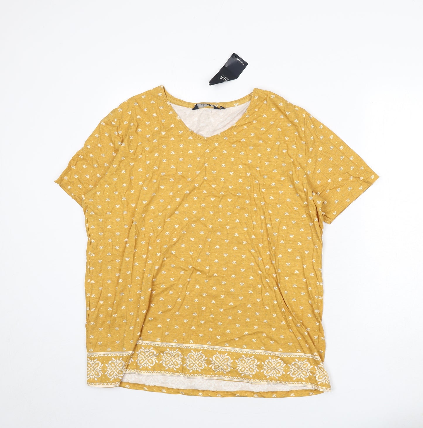EWM Womens Yellow Geometric Cotton Basic T-Shirt Size 22 Round Neck - Size 22-24