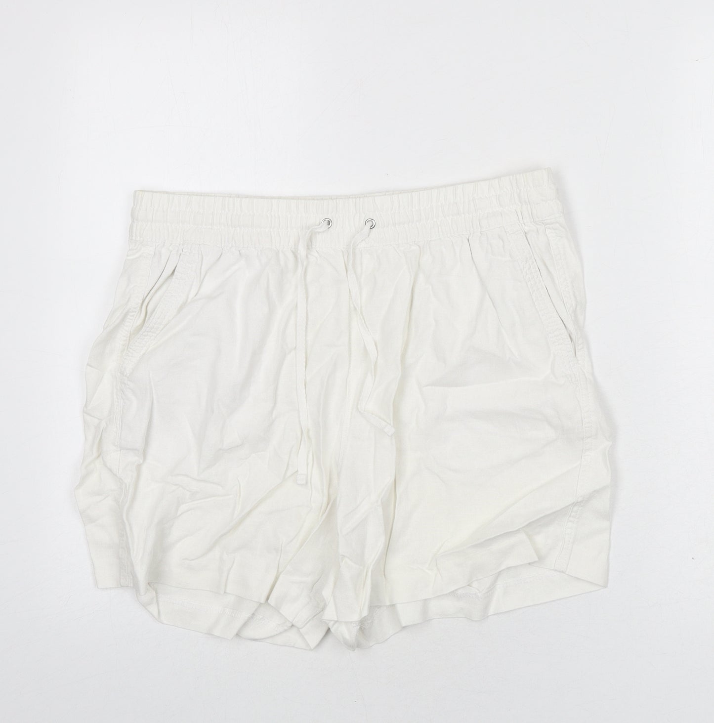 Marks and Spencer Womens White Linen Basic Shorts Size 14 L3 in Regular Drawstring