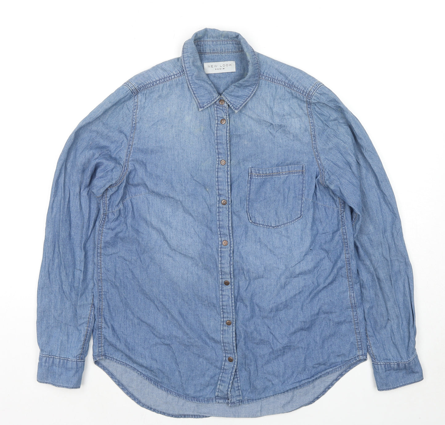 New Look Womens Blue Cotton Basic Button-Up Size 10 Collared
