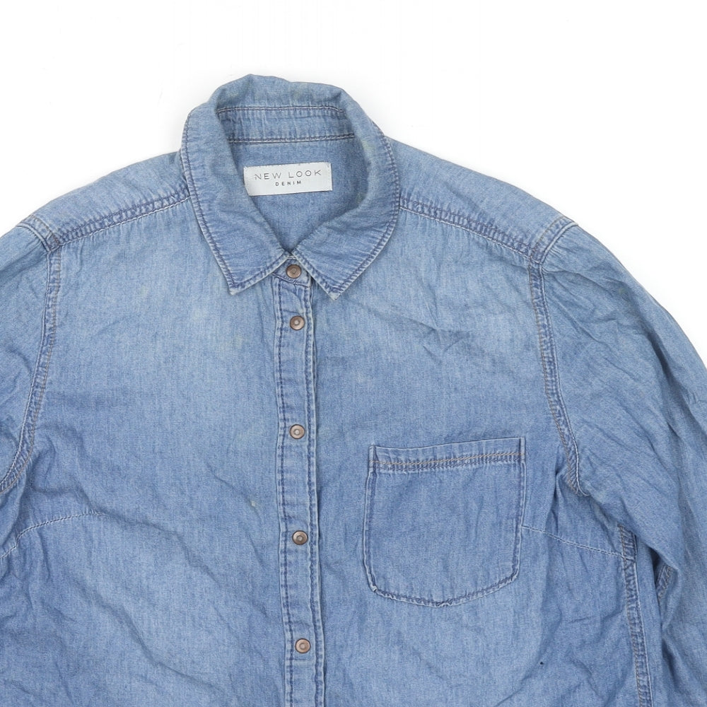 New Look Womens Blue Cotton Basic Button-Up Size 10 Collared