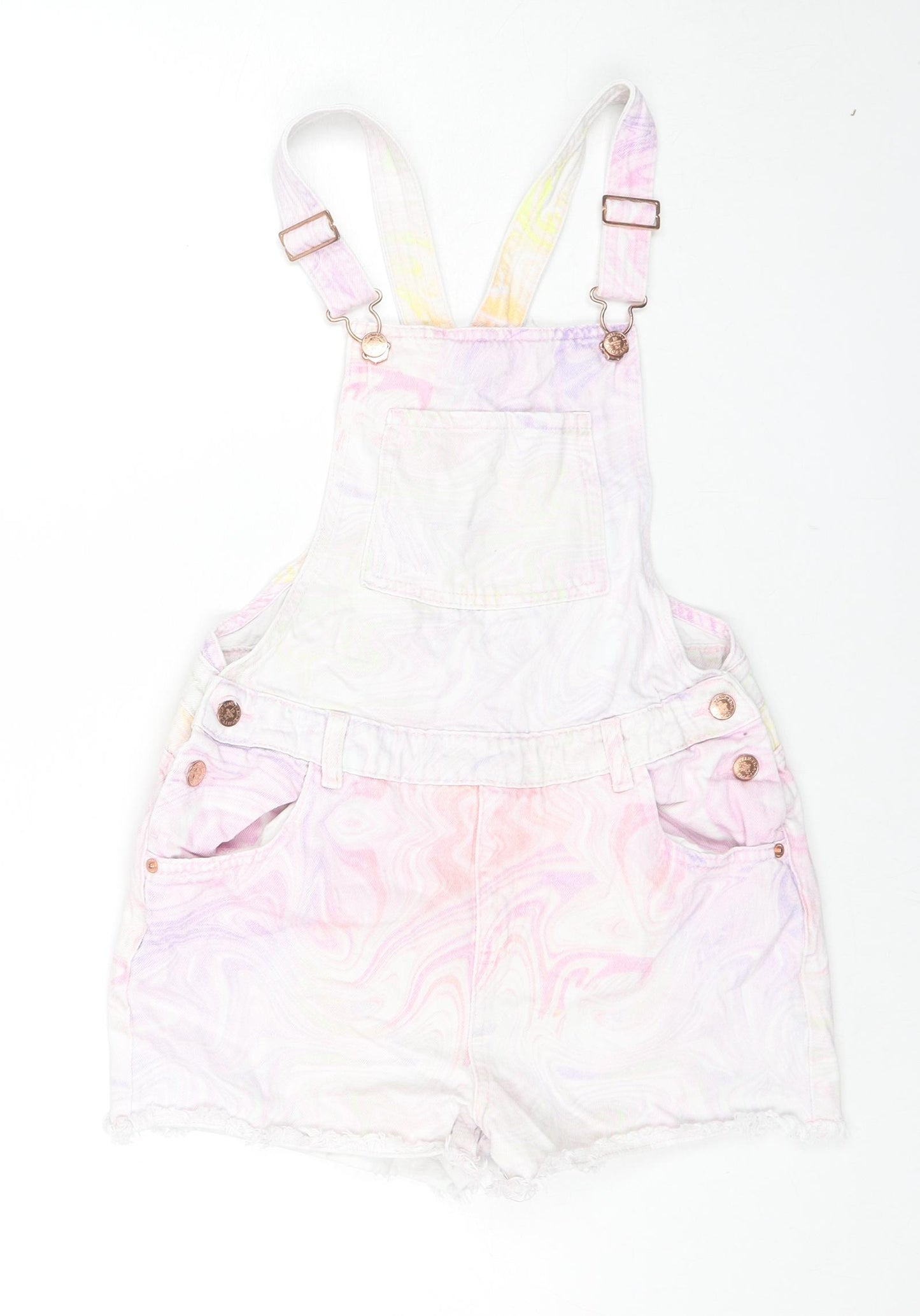Marks and Spencer Girls Pink Geometric Cotton Dungaree One-Piece Size 11-12 Years L3 in Zip