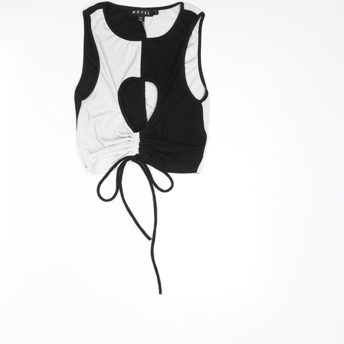Motel Womens Black Colourblock Polyester Cropped T-Shirt Size S Round Neck - Drawstring Cut Out
