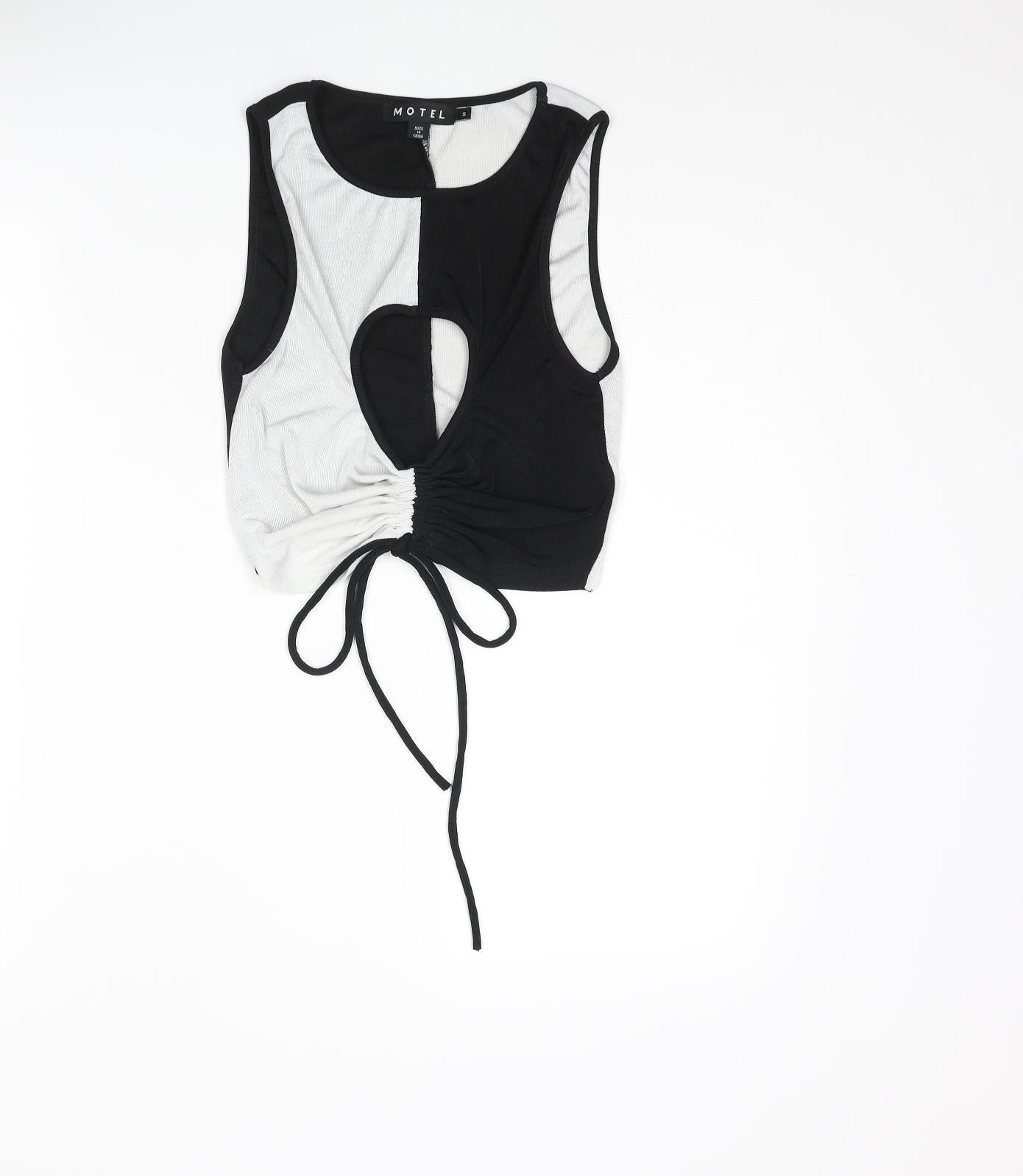 Motel Womens Black Colourblock Polyester Cropped T-Shirt Size S Round Neck - Drawstring Cut Out