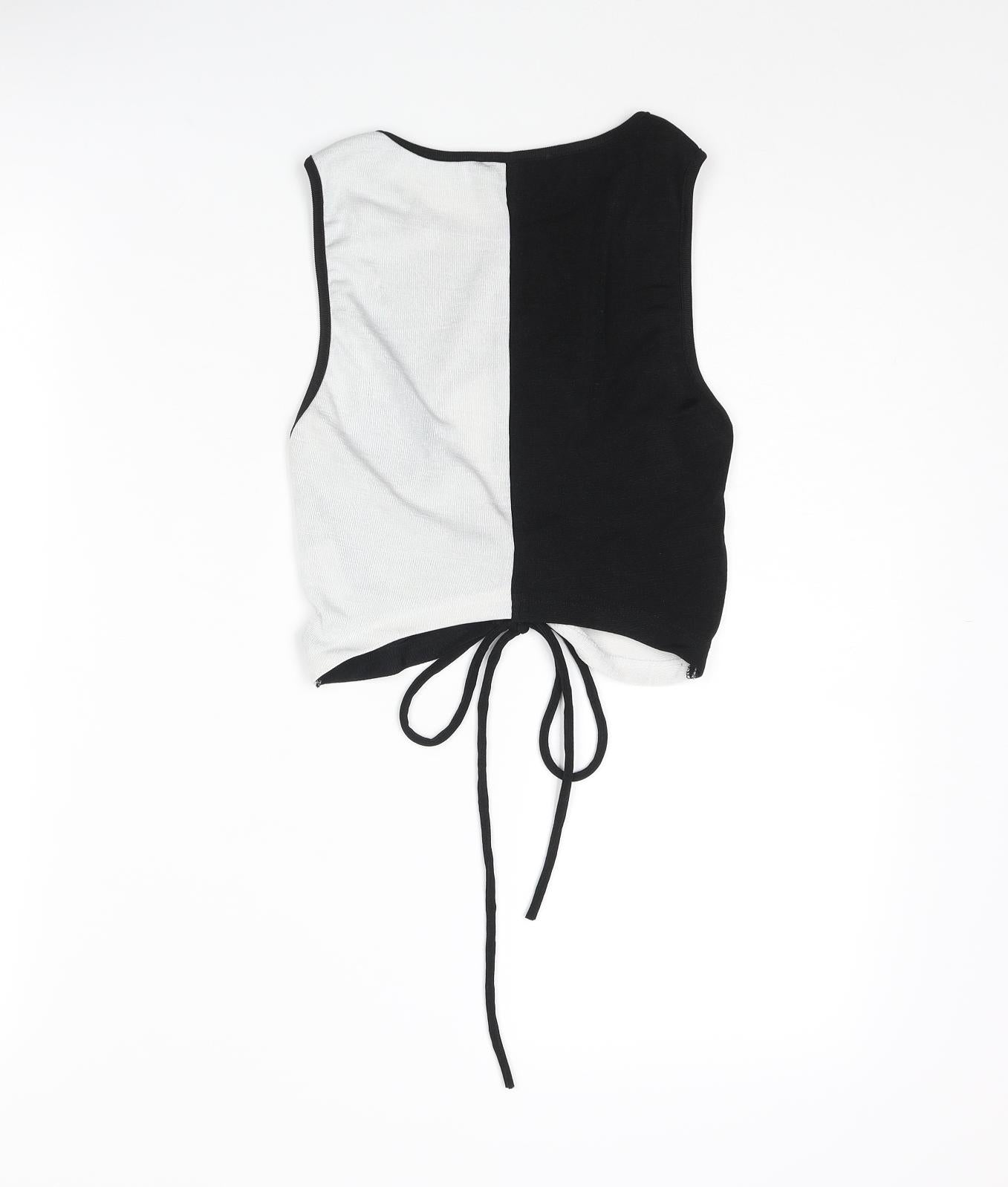 Motel Womens Black Colourblock Polyester Cropped T-Shirt Size S Round Neck - Drawstring Cut Out