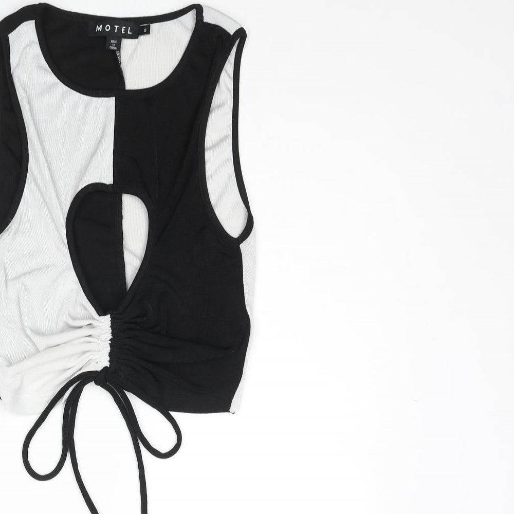 Motel Womens Black Colourblock Polyester Cropped T-Shirt Size S Round Neck - Drawstring Cut Out