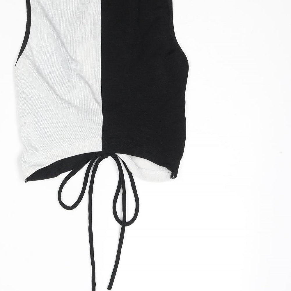 Motel Womens Black Colourblock Polyester Cropped T-Shirt Size S Round Neck - Drawstring Cut Out