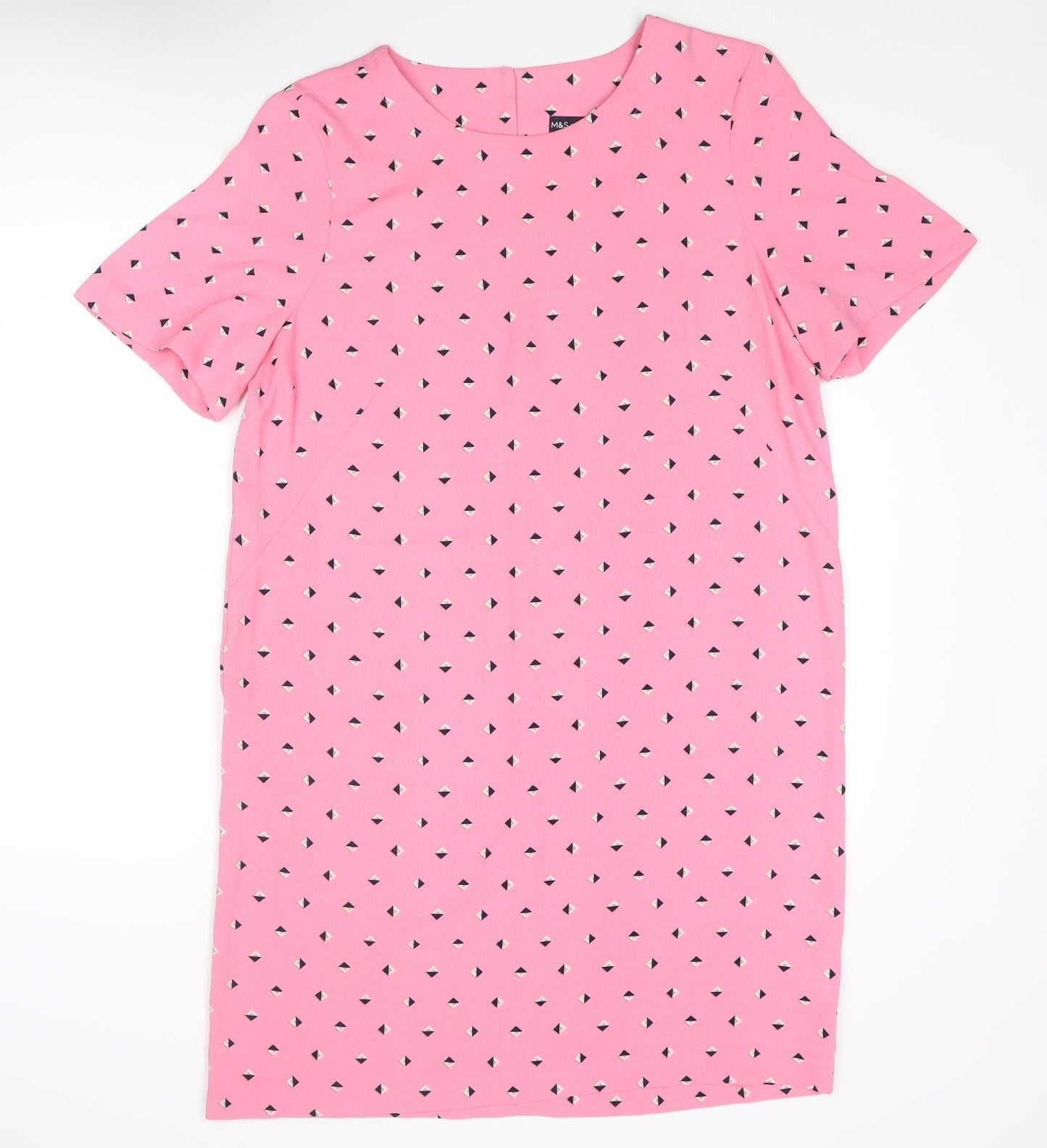 Marks and Spencer Womens Pink Geometric Polyester Shift Size 14 Round Neck Button
