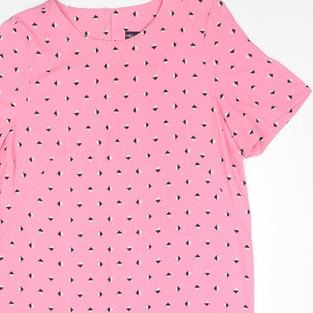 Marks and Spencer Womens Pink Geometric Polyester Shift Size 14 Round Neck Button
