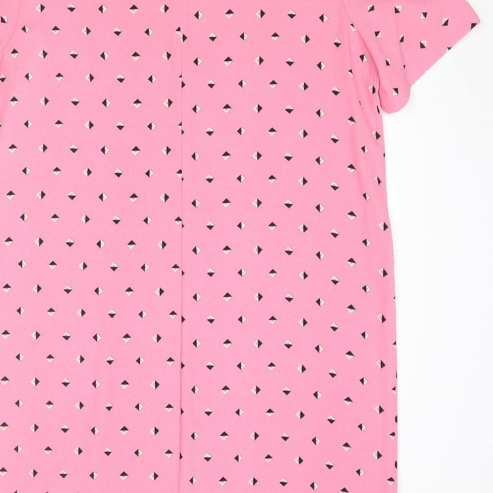 Marks and Spencer Womens Pink Geometric Polyester Shift Size 14 Round Neck Button