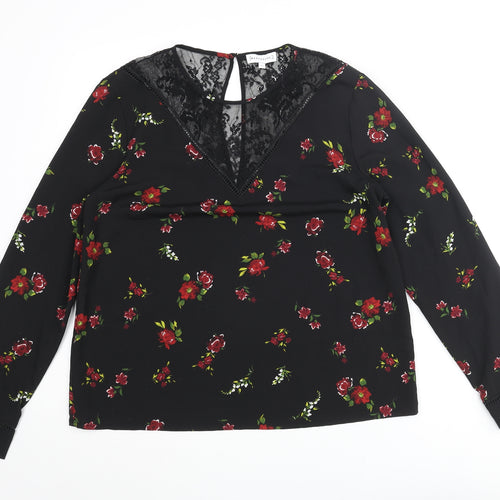 Warehouse Womens Black Floral Polyester Basic Blouse Size 14 Round Neck - Lace