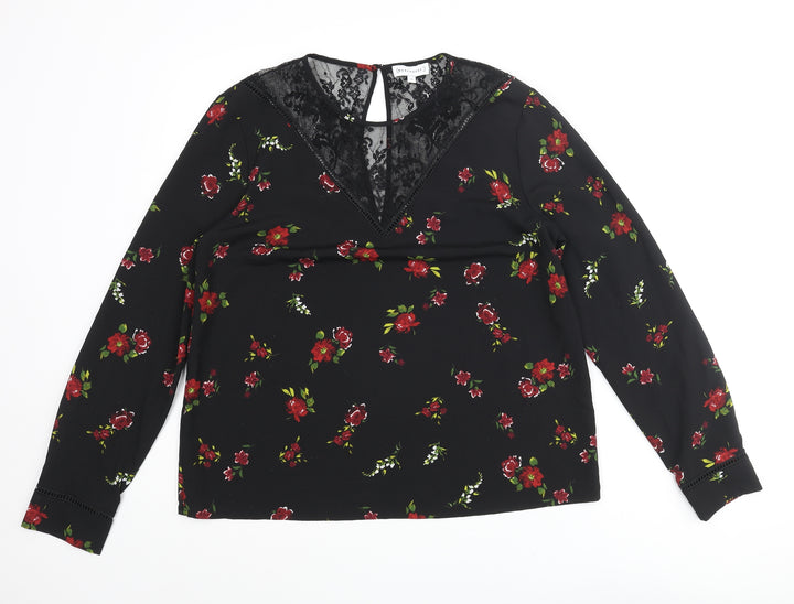 Warehouse Womens Black Floral Polyester Basic Blouse Size 14 Round Neck - Lace