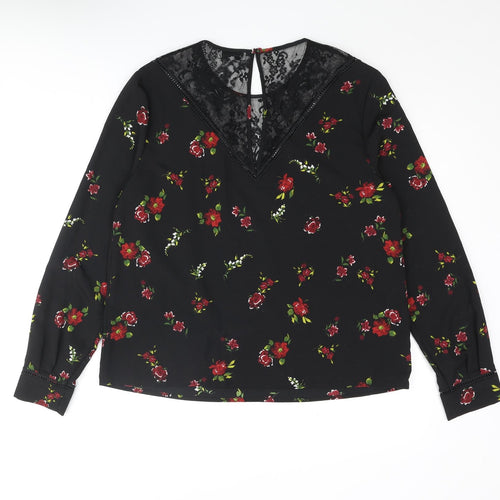 Warehouse Womens Black Floral Polyester Basic Blouse Size 14 Round Neck - Lace