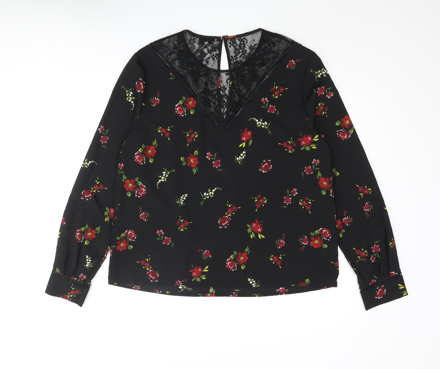 Warehouse Womens Black Floral Polyester Basic Blouse Size 14 Round Neck - Lace