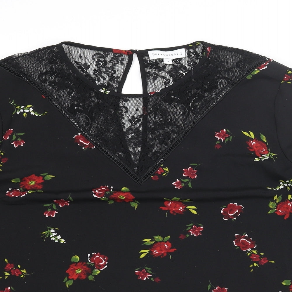 Warehouse Womens Black Floral Polyester Basic Blouse Size 14 Round Neck - Lace