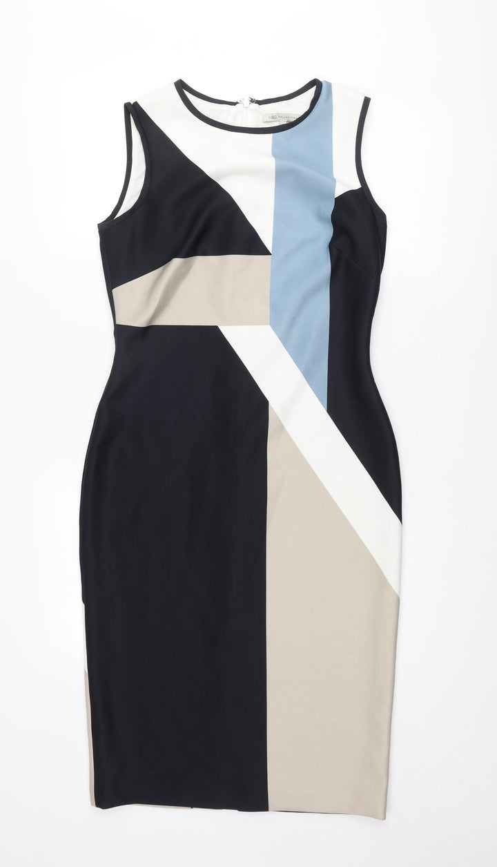 Marks and Spencer Womens Multicoloured Colourblock Polyester Pencil Dress Size 12 Round Neck Zip