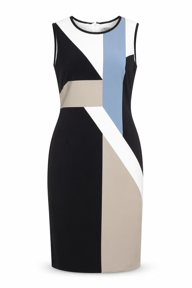 Marks and Spencer Womens Multicoloured Colourblock Polyester Pencil Dress Size 12 Round Neck Zip
