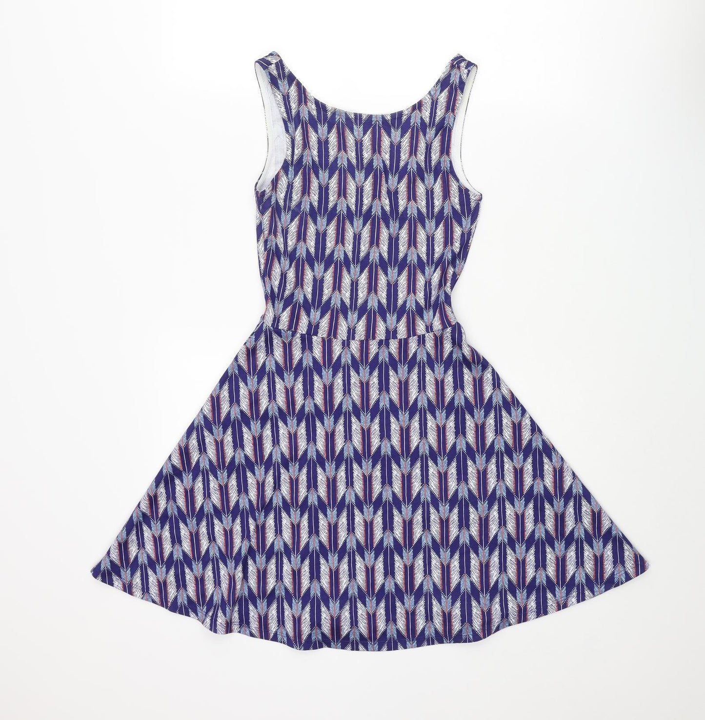 Divided by H&M Womens Blue Geometric Polyester Skater Dress Size 6 Round Neck Pullover