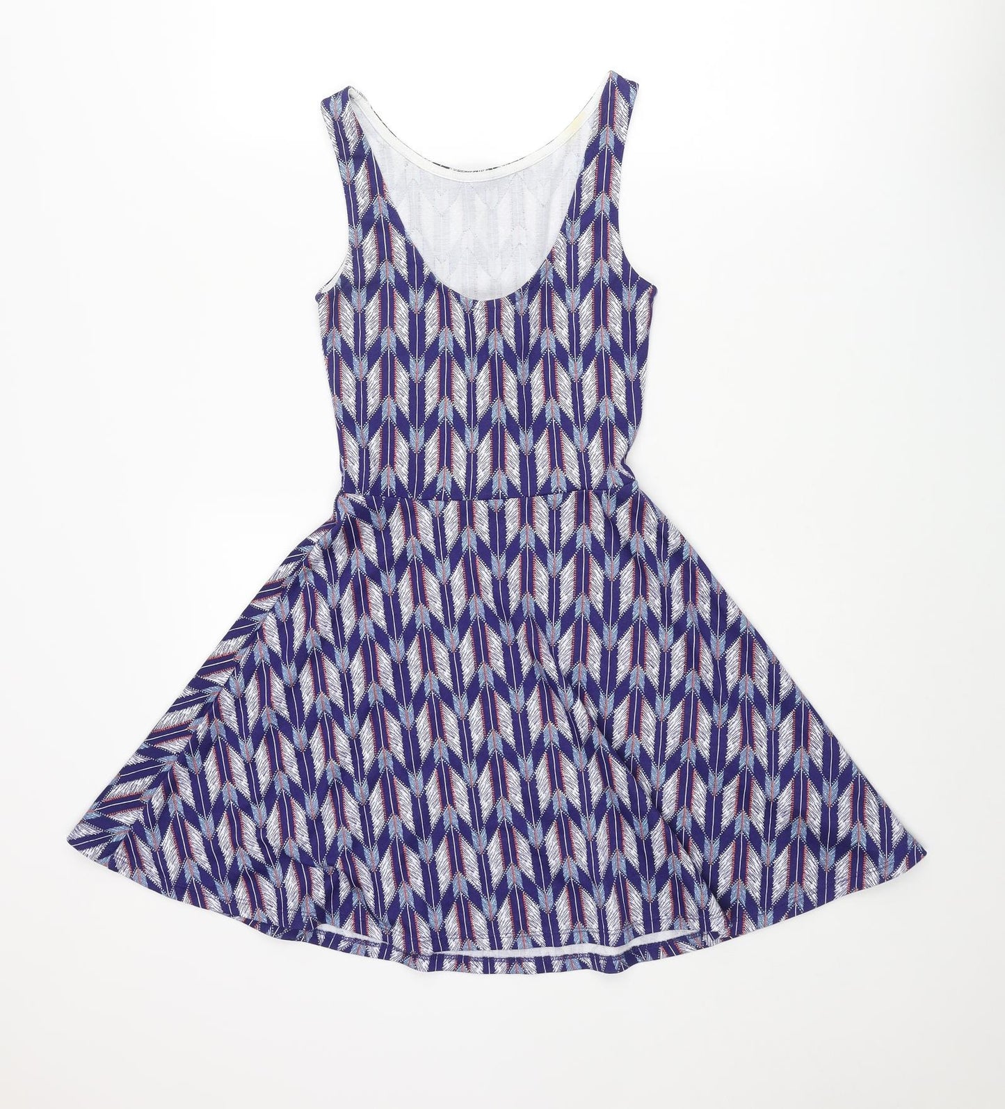 Divided by H&M Womens Blue Geometric Polyester Skater Dress Size 6 Round Neck Pullover
