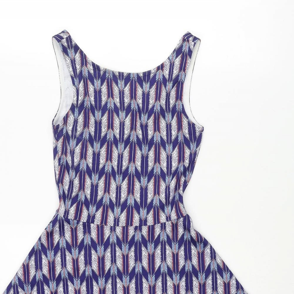 Divided by H&M Womens Blue Geometric Polyester Skater Dress Size 6 Round Neck Pullover
