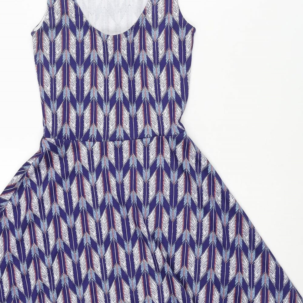 Divided by H&M Womens Blue Geometric Polyester Skater Dress Size 6 Round Neck Pullover