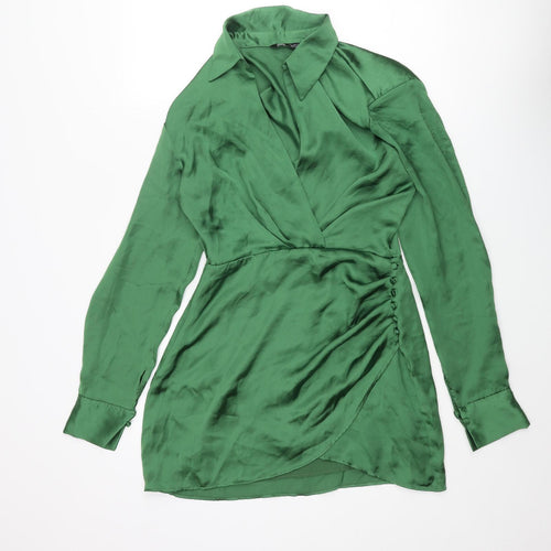 Zara Womens Green Polyester Wrap Dress Size S Collared Button