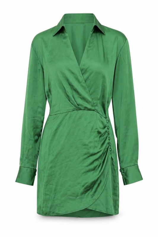 Front view of Zara women’s green polyester wrap dress, size S, collared button