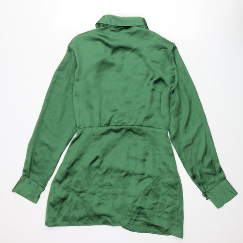 Zara Womens Green Polyester Wrap Dress Size S Collared Button