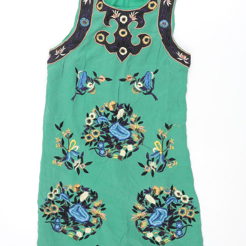 French Connection Womens Green Silk Shift Size 8 Scoop Neck Zip - Embroidered