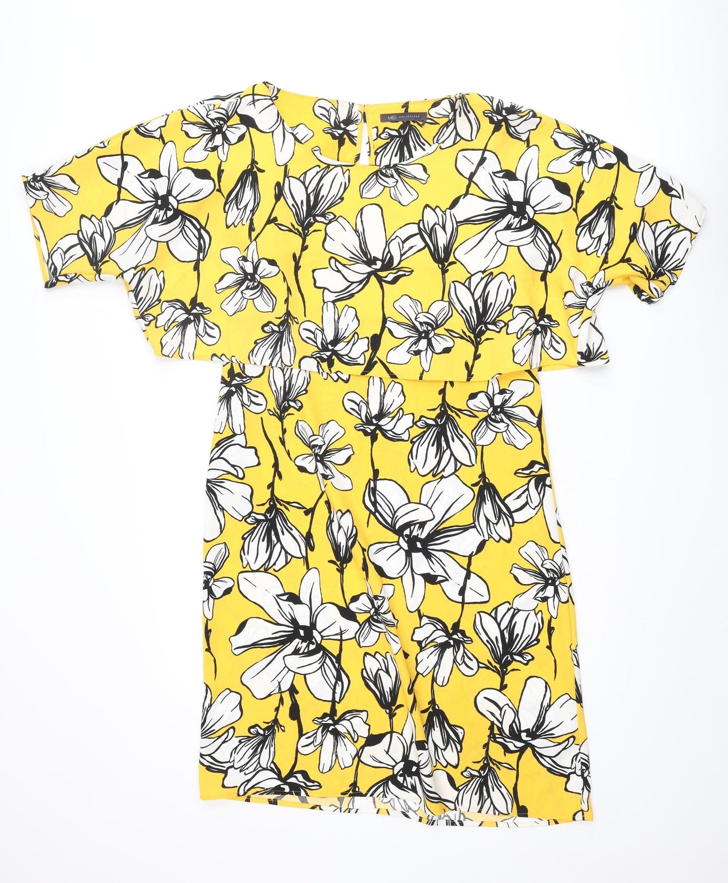 Marks and Spencer Womens Yellow Floral Polyester Shift Size 10 Round Neck Pullover