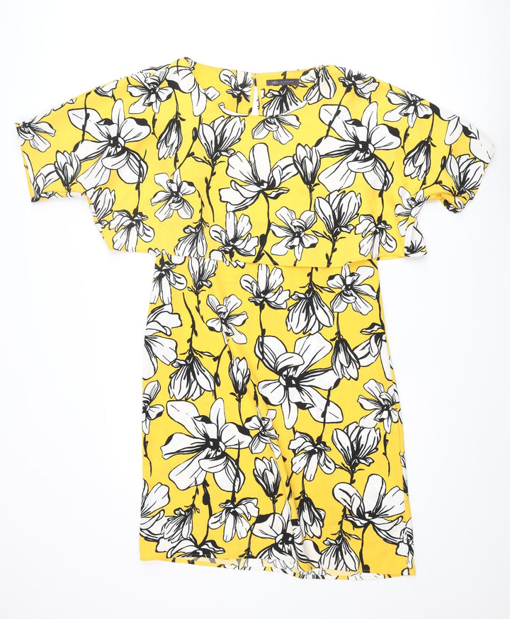 Marks and Spencer Womens Yellow Floral Polyester Shift Size 10 Round Neck Pullover