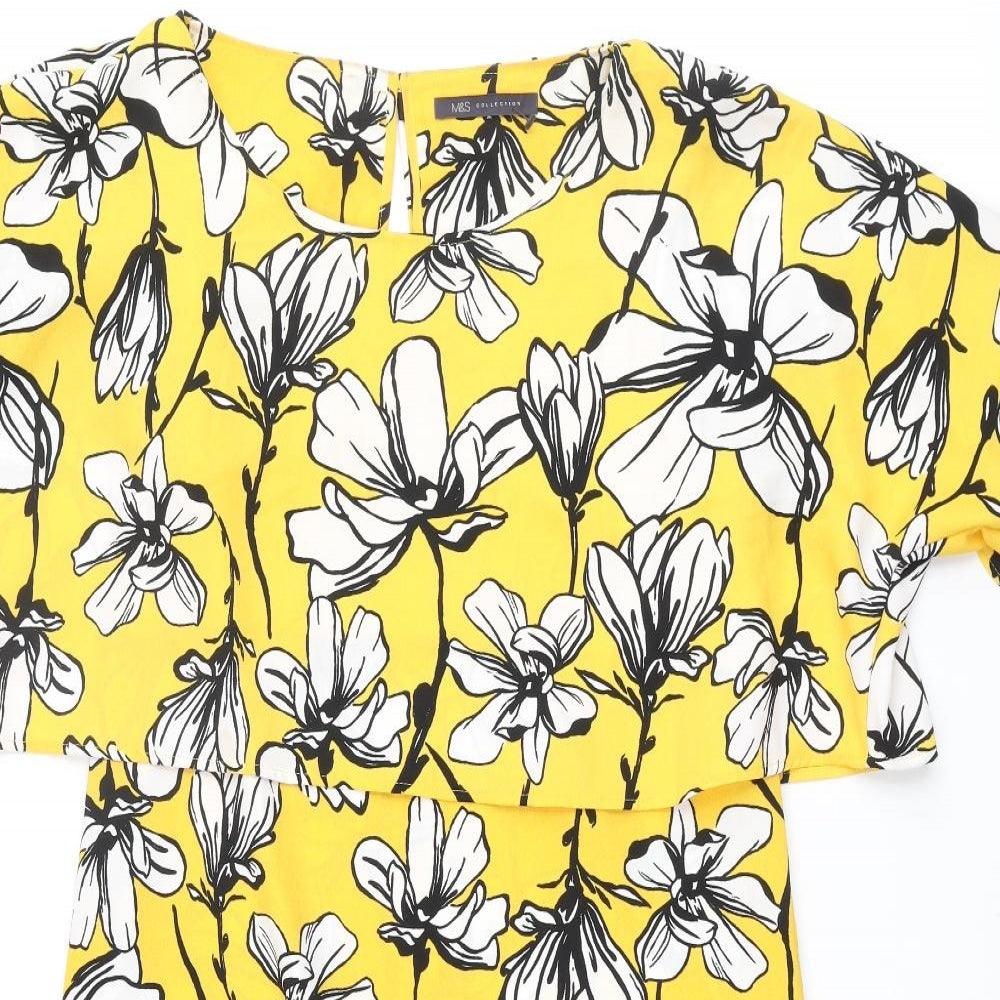 Marks and Spencer Womens Yellow Floral Polyester Shift Size 10 Round Neck Pullover