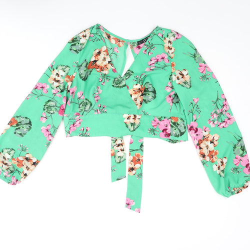 Quiz Womens Green Floral Polyester Cropped Blouse Size 6 V-Neck