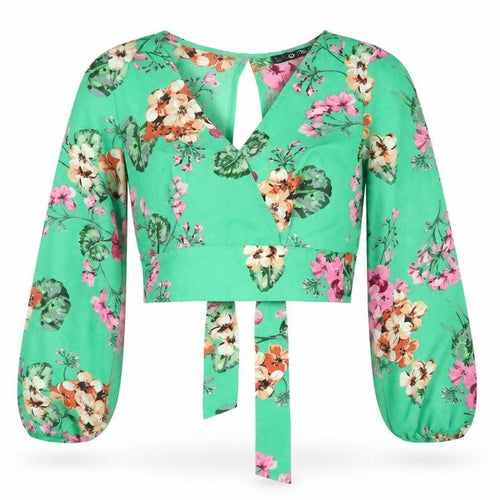 Quiz Womens Green Floral Polyester Cropped Blouse Size 6 V-Neck