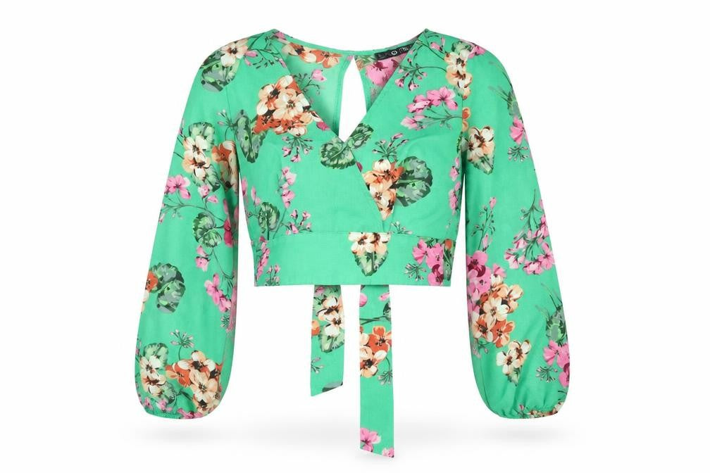Quiz Womens Green Floral Polyester Cropped Blouse Size 6 V-Neck