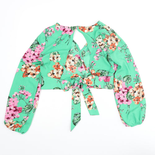 Quiz Womens Green Floral Polyester Cropped Blouse Size 6 V-Neck