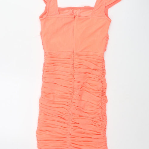 PRETTYLITTLETHING Womens Orange Polyester Mini Size 4 Square Neck Pullover - Rouched