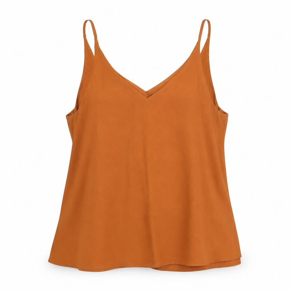 Front view of Topshop women’s orange polyester camisole blouse, size UK 14, v-neck