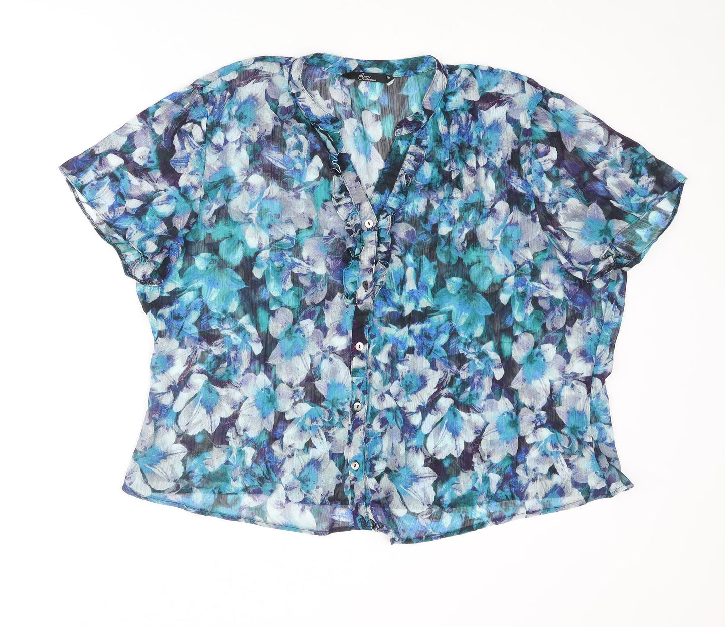 Bonmarché Womens Blue Floral Polyester Basic Blouse Size 18 V-Neck - Frill