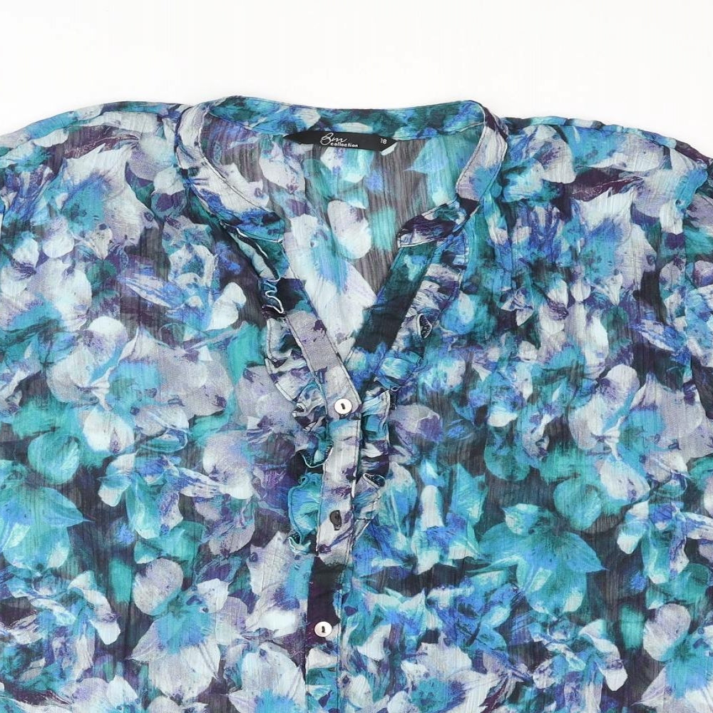 Bonmarché Womens Blue Floral Polyester Basic Blouse Size 18 V-Neck - Frill