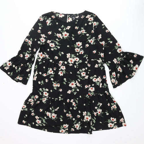 New Look Womens Black Floral Polyester A-Line Size 10 Round Neck Button - Smocked Frill