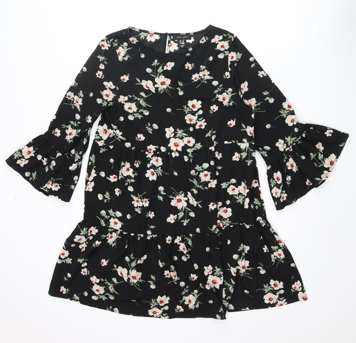 New Look Womens Black Floral Polyester A-Line Size 10 Round Neck Button - Smocked Frill