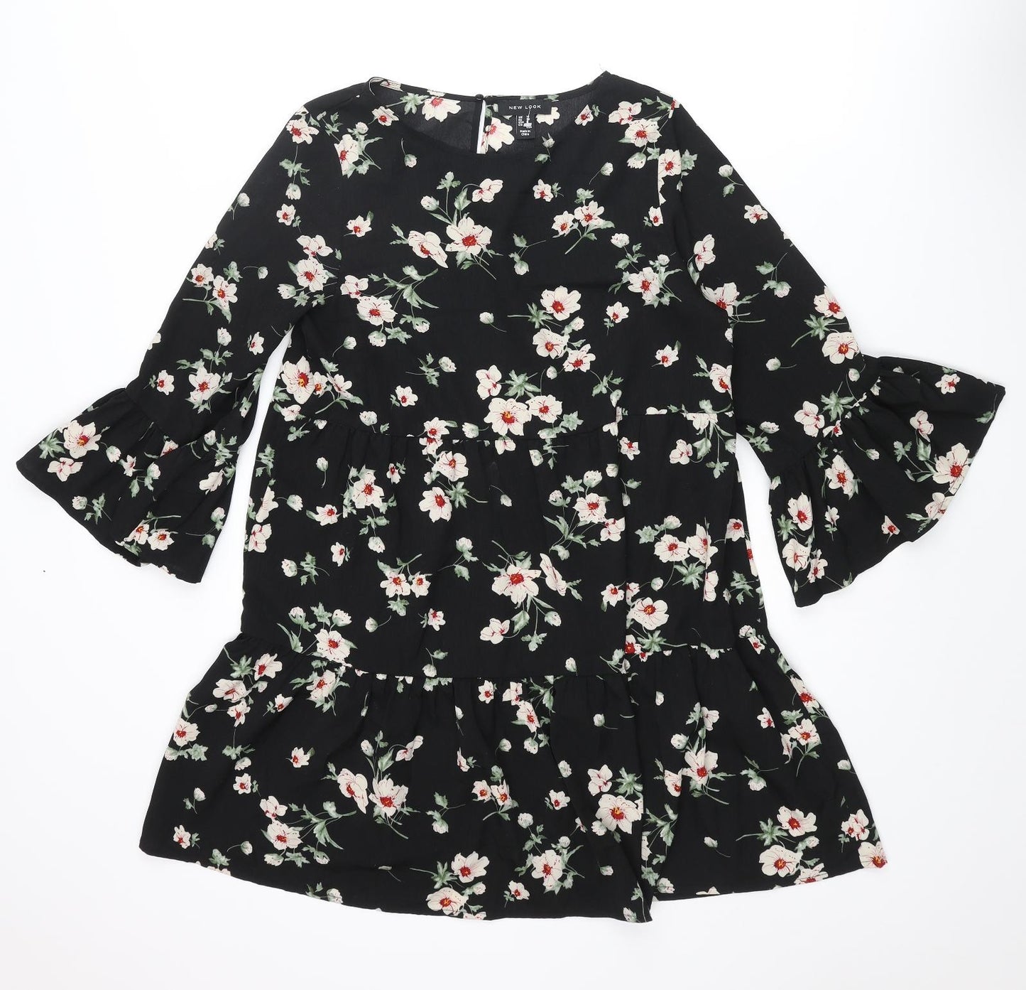 New Look Womens Black Floral Polyester A-Line Size 10 Round Neck Button - Smocked Frill