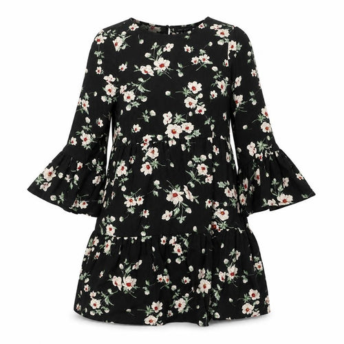 New Look Womens Black Floral Polyester A-Line Size 10 Round Neck Button - Smocked Frill