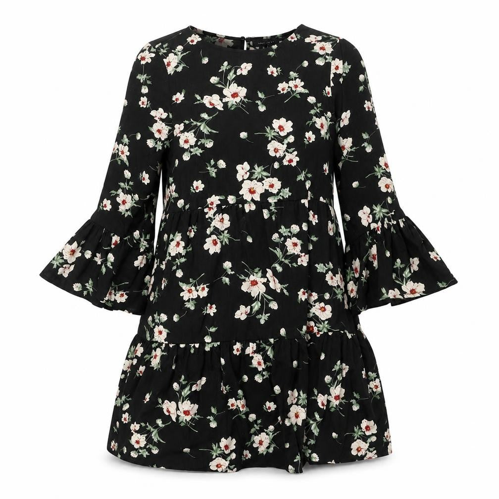 New Look Womens Black Floral Polyester A-Line Size 10 Round Neck Button - Smocked Frill