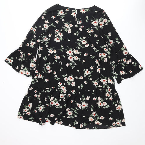 New Look Womens Black Floral Polyester A-Line Size 10 Round Neck Button - Smocked Frill