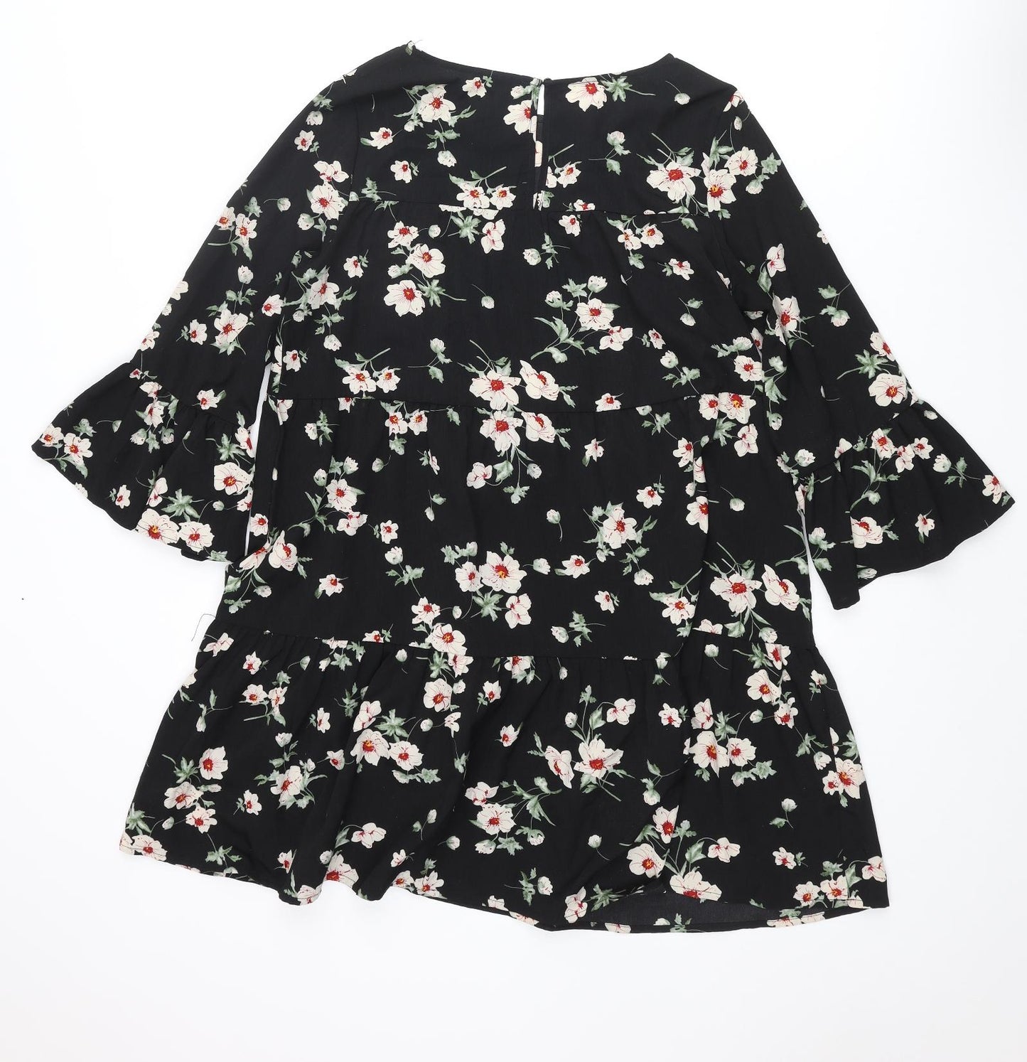 New Look Womens Black Floral Polyester A-Line Size 10 Round Neck Button - Smocked Frill