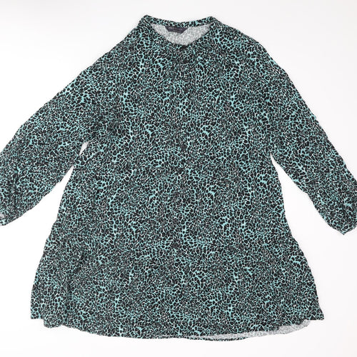 Marks and Spencer Womens Blue Animal Print Polyester A-Line Size 14 Round Neck Button - Leopard Print