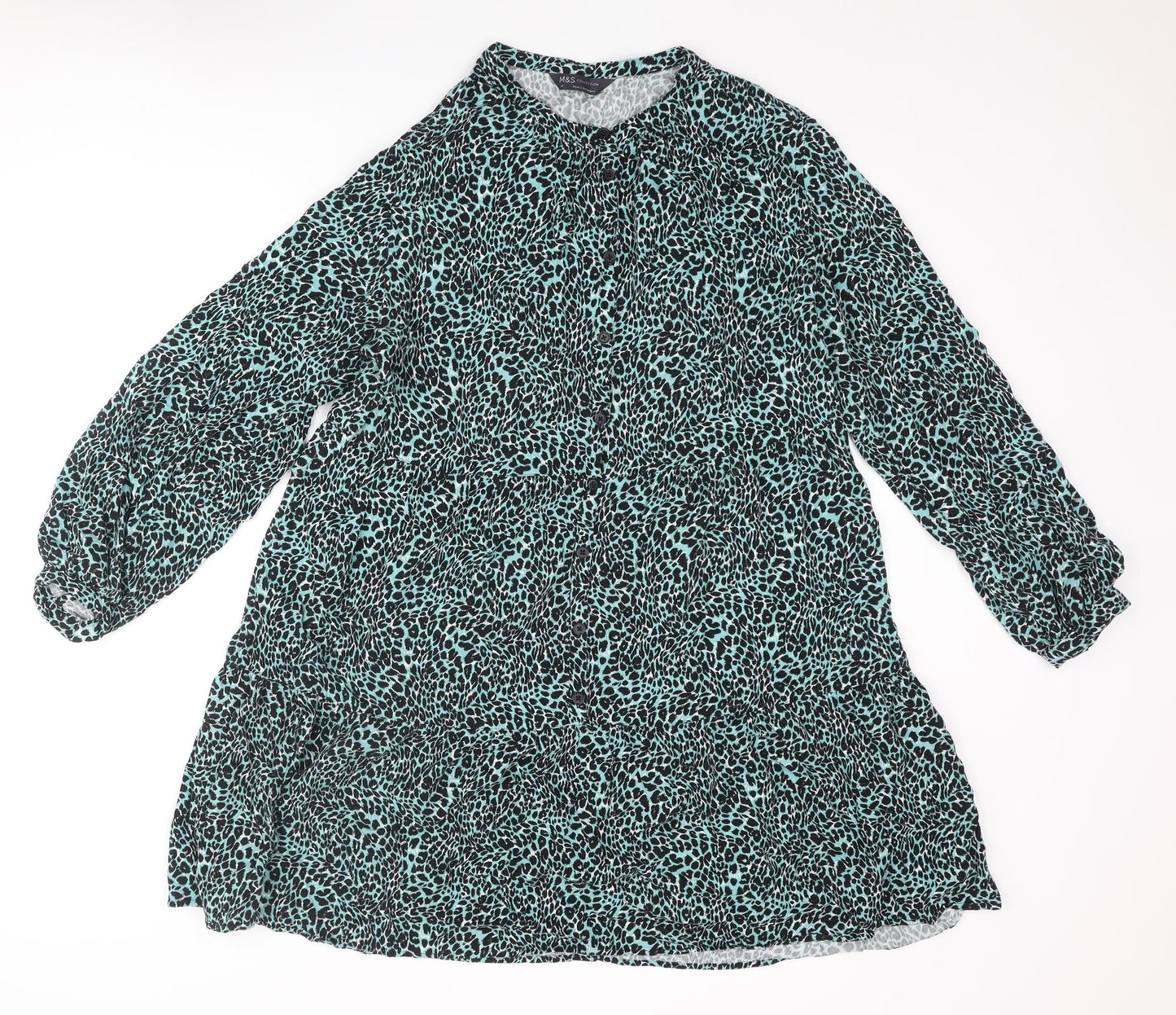 Marks and Spencer Womens Blue Animal Print Polyester A-Line Size 14 Round Neck Button - Leopard Print
